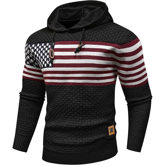 Men's Black Hooded Sweatshirt Long Sleeve American Flag Knitted Hoodie